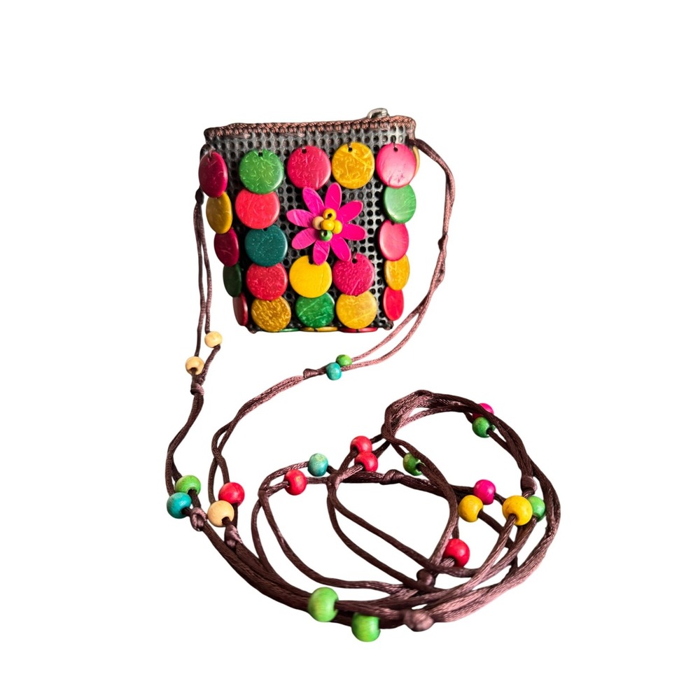 Boho Coconut Shell Mini Purse Bag Colorful Floral Beaded Crossbody Pouch Purse